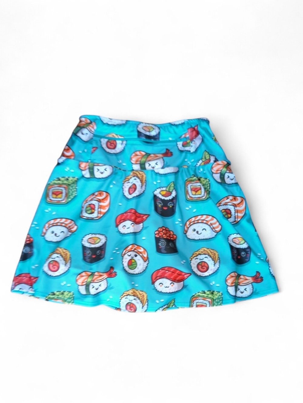 Cute Whimsical Sushi Print A-Line Skort  Turquoise Pickleball Tennis Waist Zip